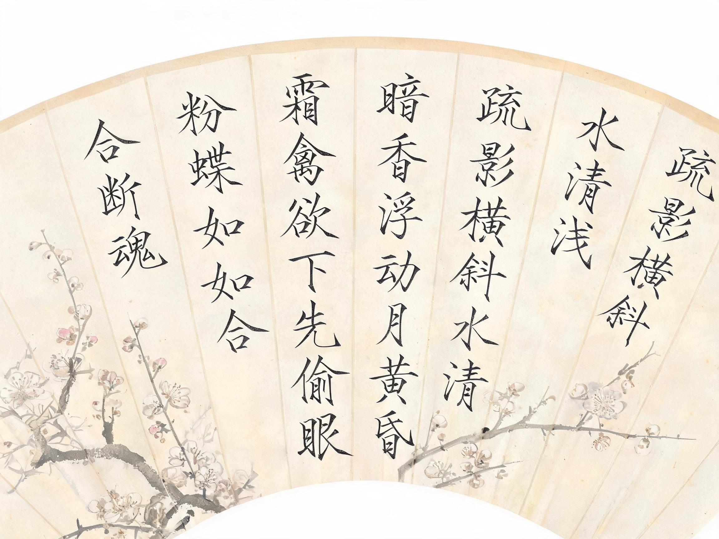 图中展示了一把展开的米白色折扇，扇面上融合了书法与水墨画元素。构图中心分布着五行竖排的黑色繁体书法，文字风格模仿行楷，内容引用了林逋的《山园小梅》。扇面左右两侧下方绘有淡淡的水墨梅花枝条，花瓣色彩素雅，呈现出一种古朴的韵味。整体色调柔和，背景为纯净的浅米色。在 AI 生成的细节方面存在明显缺陷：首先是文字逻辑错误，书法内容将两首不同的诗词生硬拼接，且部分字迹如“禽”、“蝶”等笔画结构扭曲，不符合真实书法法度；其次，扇面的折痕与文字的透视关系不自然，文字像是平铺在扇面上而非随着折痕起伏；最后，左侧的梅花枝干在折痕处出现了断裂和模糊，缺乏真实的纸张质感。
